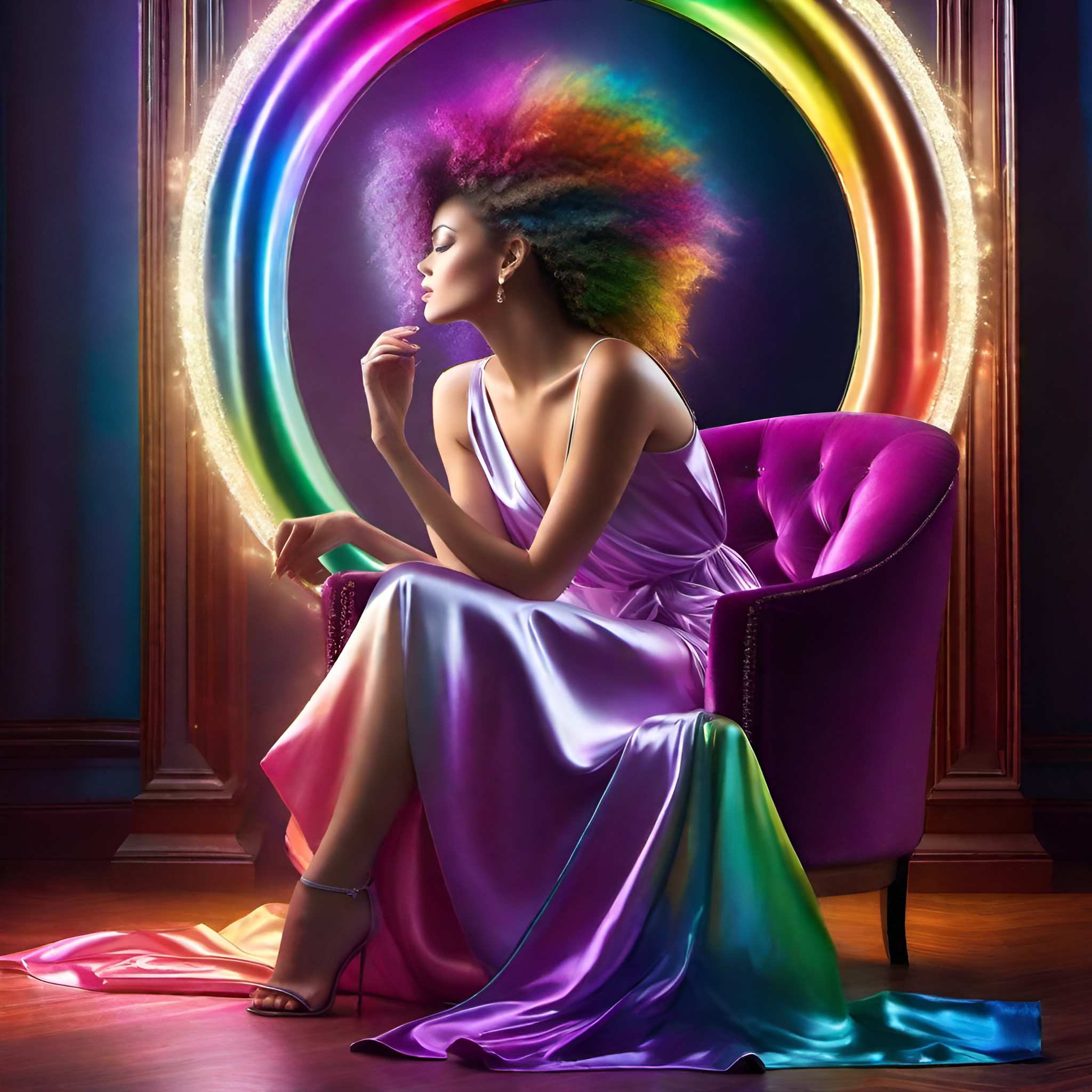 Figure seated in violet rainbow light